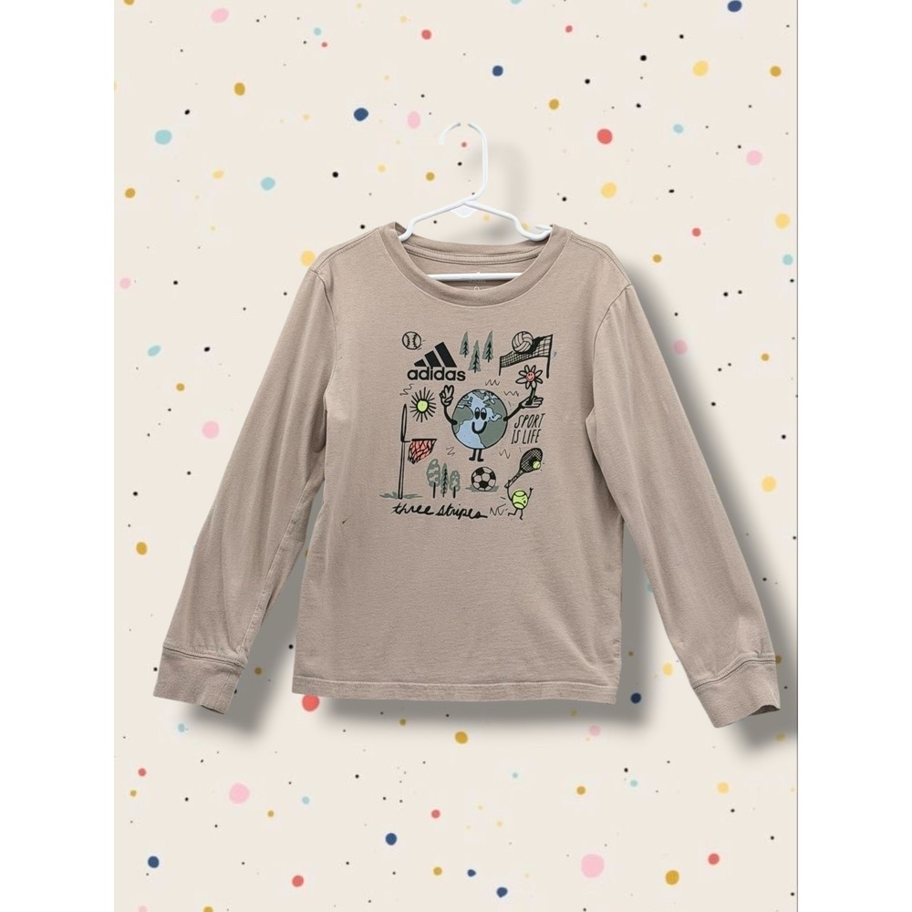 Adidas Sport Is Life Earth Graphic Long Sleeve Cotton Tee Tan Size 6